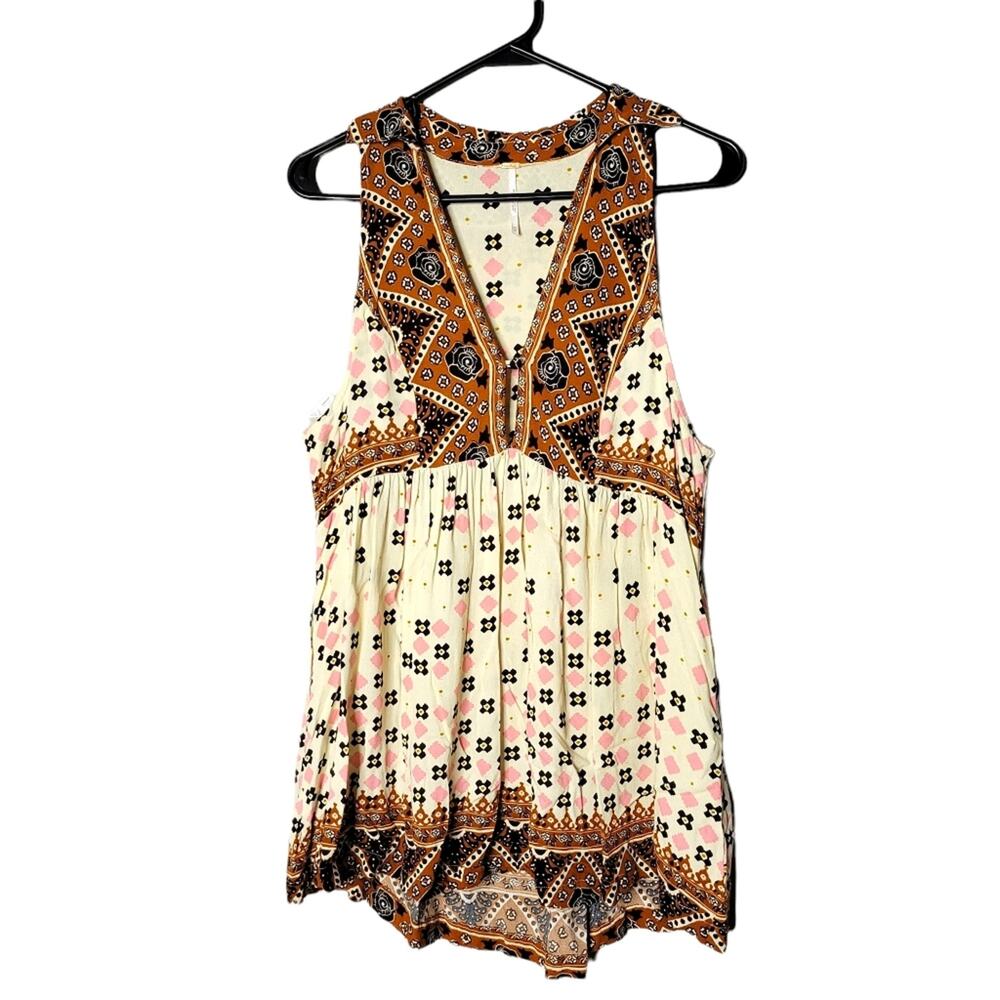 Free People Charlotte Tunic Tank Sleeveless Top Ivory Burnt Orange Size X-Small